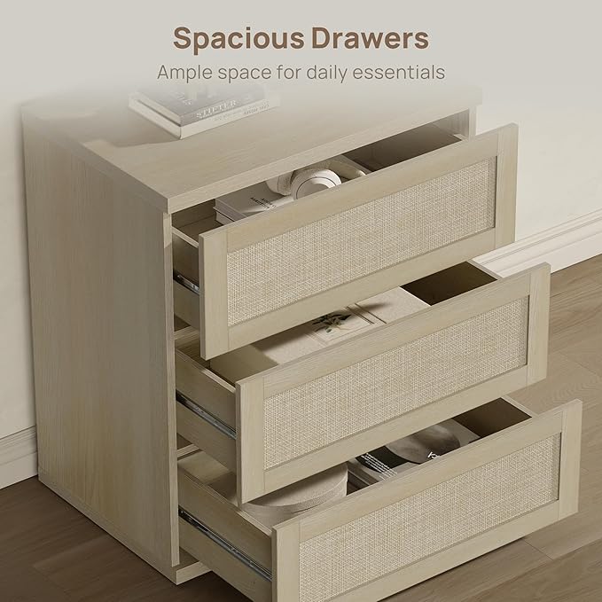 SICOTAS Dresser for Bedroom - Rattan Dresser with 3 Drawers Nursery Dressers & Chests of Drawers Boho Dressers for Bedroom Living Room Small Deep Clothes Closet Storage for Closet Hallway Entryway