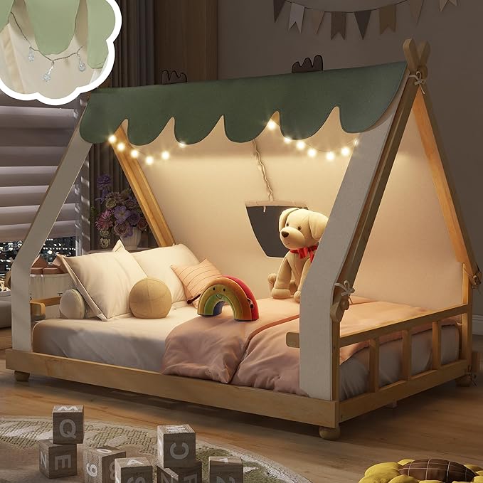 Montessori Floor Bed Full with Tent & Light, Wood Full House Beds for Kids, DIY Playhouse, Low-Profile Teepee Bed, Playful Indoor Adventure & Sleep for Girls Boys,Natural+White
