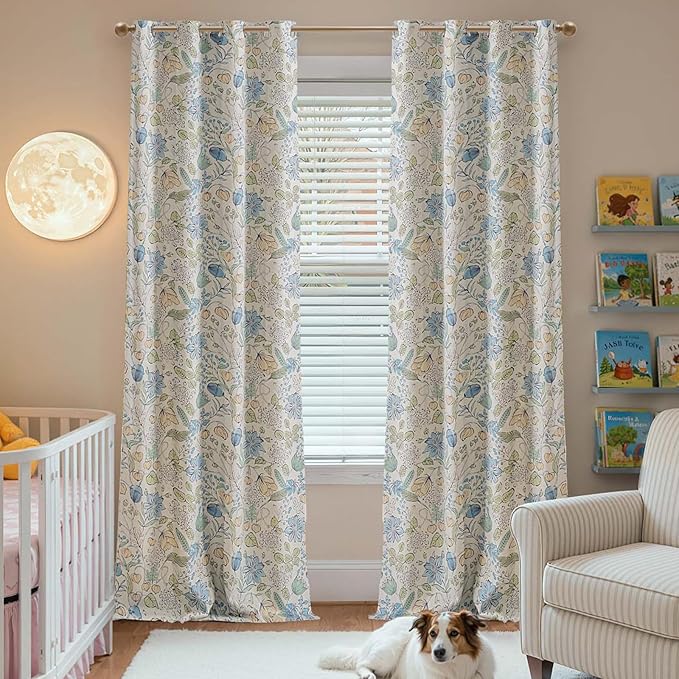 jinchan Nursery Curtains 95% Blackout Blue Floral Curtains for Kids Room, 96 Inch Length Farmhouse Drapes for Bedroom Living Room Darkening Window Treatment Grommet Top Set of 2 Panels