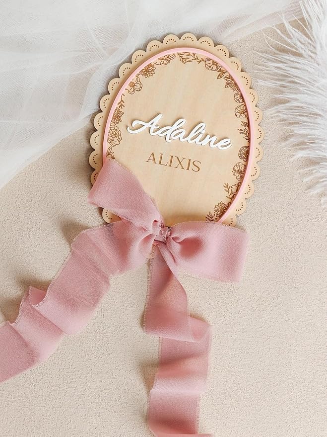 Personalized Newborn Name Sign - Custom Baby Birth Announcement Plaque with Bow, Wood & Acrylic Nursery Decor, Newborn Photo Prop, Nursery Decor