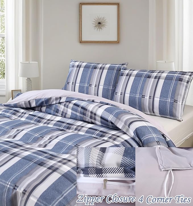MAG 3pcs Gingham Duvet Cover Queen,Striped Duvet Cover Set,Modern Duvet Cover Set,Checkered Bedding Set,Geometric Plaid Duvet Cover,Super Soft Micrifiber (Blue, Queen)