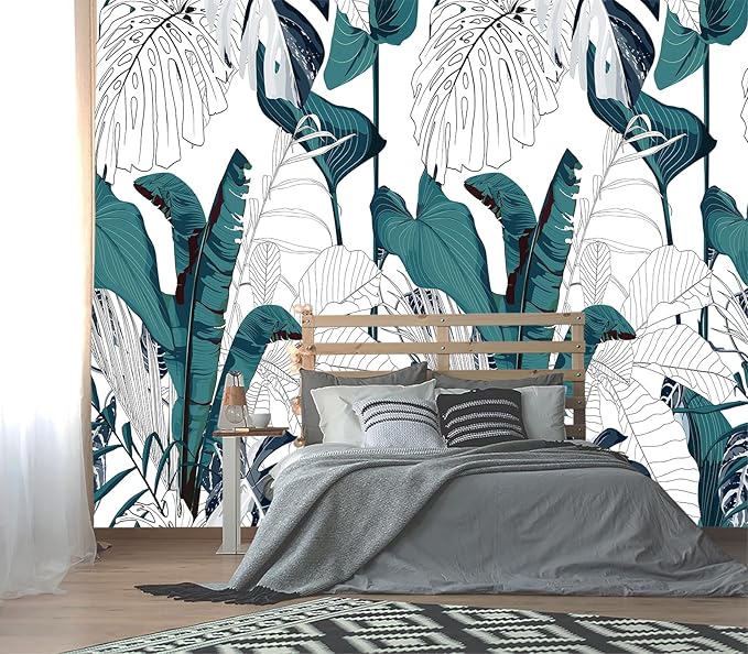 XMPMBM-Modernity Simple Geometrical Banana Leaf Fabric Wallpaper Abstraction Leaf Living Room Bedroom Bathroom Wall Mural-W 154" X H 105"（112 Square Foot）