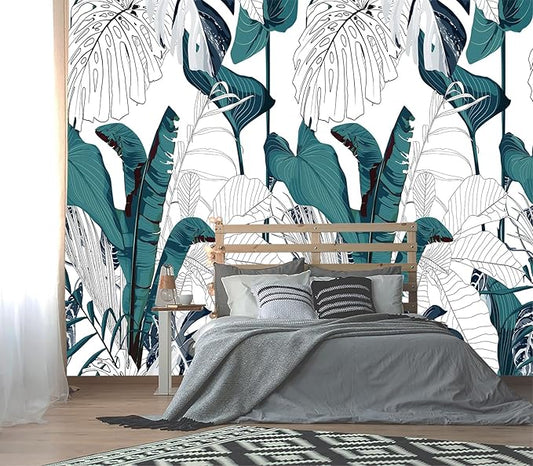 XMPMBM-Modernity Simple Geometrical Banana Leaf Fabric Wallpaper Abstraction Leaf Living Room Bedroom Bathroom Wall Mural-W 154" X H 105"（112 Square Foot）