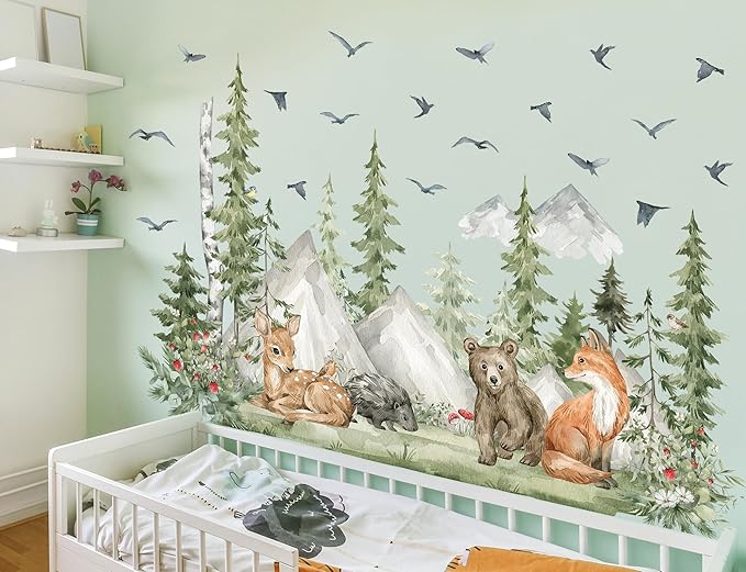 Large Jungle Animals Wall Decals Forest Tree Wall Decal Peel and Stick Woodland Bear Fox Deer Wall Stickers Giant Mountain Art for Bedroom Nursery Room MS230