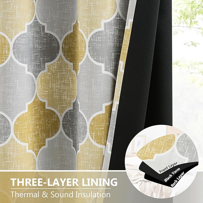 Christmas Full Blackout Curtains 63 Inches Long 2 Panels Gray Yellow Moroccan Lattice Geo Room Darkening Thermal Insulated Grommet Top Window Treatments Drapes for Living Room, 52" W