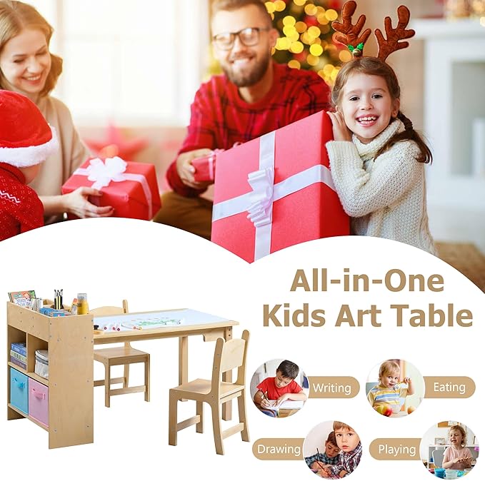 Kids Art Table and 2 Chairs Set, Pine Plywood Toddler Activity Craft Desk with Storage Bins for Drawing, Writing, Reading, Ideal for Nursery, Playrooms & Classroom