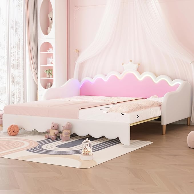 Twin Size Princess Extending Daybed with LED Lights for Kids Girls, Modern Upholstered Princess Daybed Frame with Crown Headboard, Pink Sleeper Sofa Bed for Bedroom, Guest, Study Room (White)