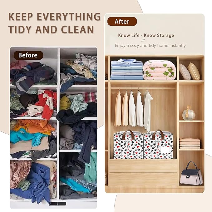 Paw Print Storage Basket Large 17x11.5x10.5 Inche-Collapsible Fabric Organizer Bin with Handles for Pet Lovers, Nursery, Bedroom-Foldable Decorative Hamper with Heart & Paw Design-Single Pack