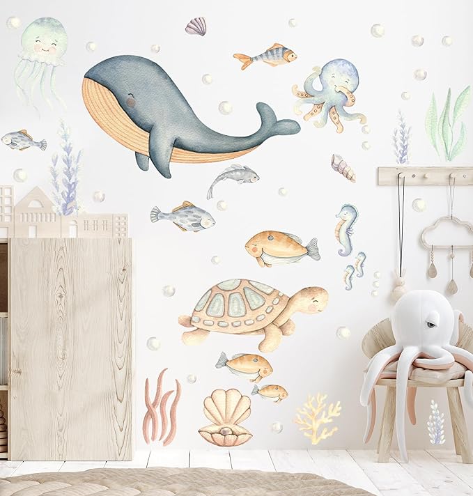 Under The Sea Wall Decals – Sea Life Stickers, Removable Wall Stickers, Watercolor Ocean Animals, Peel & Stick, for Nursery Baby Kids Bedroom Bathroom, Large Set (80" W x 50" H) 50 Pcs