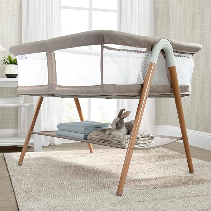 Delta Children Bondi Beechwood Twin Bassinet with PureAir Breathable Mesh Sheet and FSC-Certified Wood, Tan