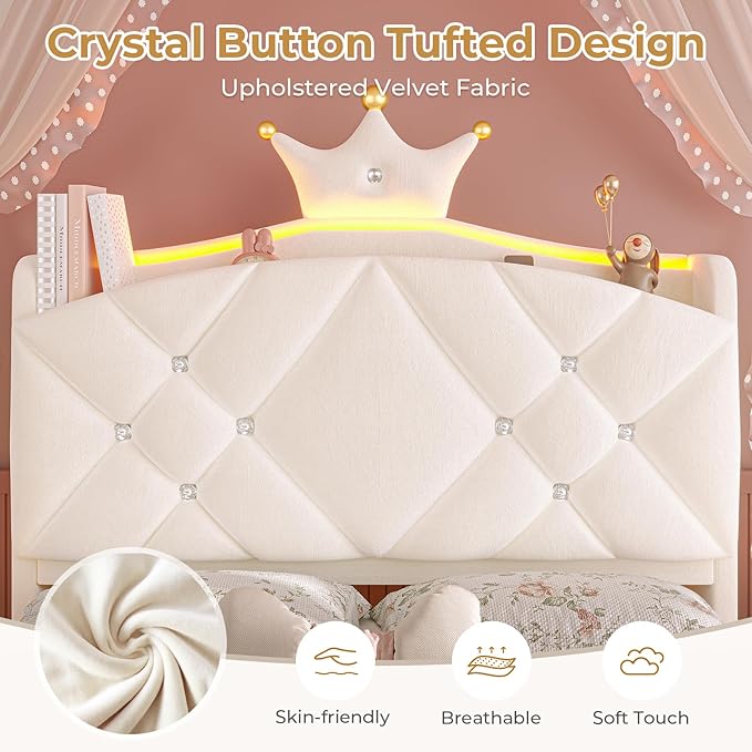 MSmask Twin LED Bed Frame with Storage Headboard & Drawer, Princess Upholstered Bed with Charging Station & Crystal Button & Crown, Velvet Platform Bed for Girls, Solid Wood Slats, Curved Legs, White