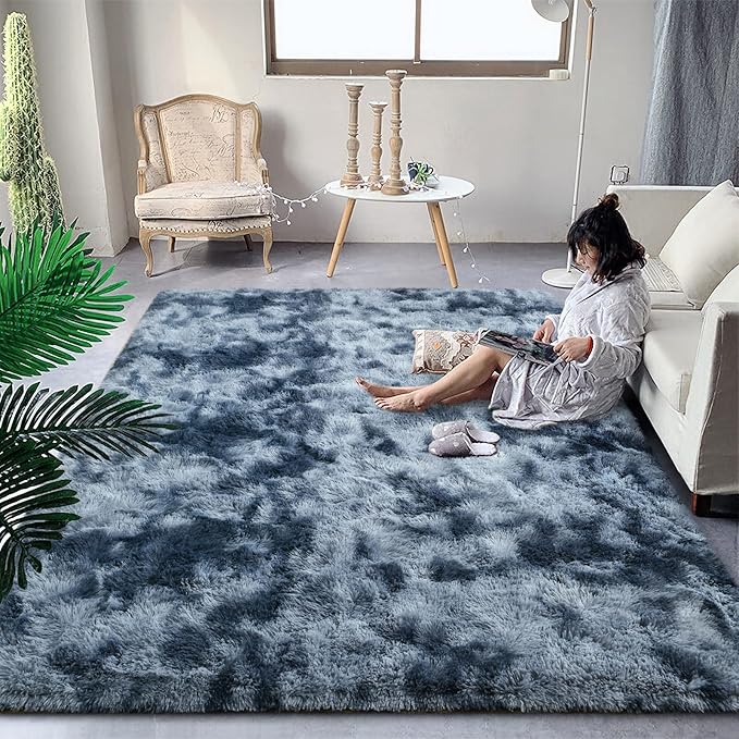 DweIke Fluffy Blue Grey Rugs for Bedroom Living Room, 4x6 Feet Soft Plush Shaggy Tie-Dyed Navy Blue Gray Girls Boys Kids Rug, Upgraded Non-Slip and Machine Washable Carpet for Dorm Nursery Decor