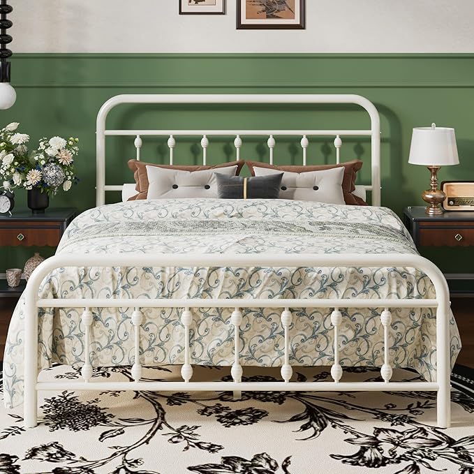 SHA CERLIN Queen Size Metal Platform Bed Frame with Victorian Style Iron-Art Headboard and Footboard, Easy Assembly, Under Bed Storage, No Box Spring Required, White