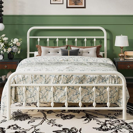 SHA CERLIN Queen Size Metal Platform Bed Frame with Victorian Style Iron-Art Headboard and Footboard, Easy Assembly, Under Bed Storage, No Box Spring Required, White