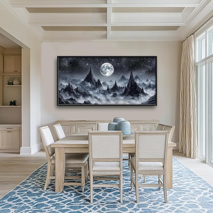 Olivine Mountain Large Wall Art, Black And White Pictures Wall Decor, Nature Landscape Paintings, Moon Canvas Prints, Framed Artwork for Dining Room Bedroom Living Room Office Bathroom Home 60"x30"