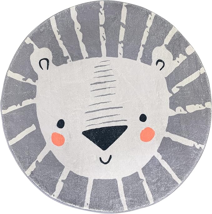 ABREEZE Kids Play Rug 4ft,Lion Round Area Rug Kids Nursery Door Mat Soft Plush Non-Slip Childrens Carpet for Bedroom Living Room Playroom,Grey