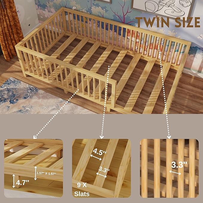 Montessori Floor Bed with Slats for Toddler 39.4'' x 75.2'' Twin Size | Pine Wood Natural Solid Frame Bed | Sturdy Design Floor Bed Frame for Boy and Girls (Twin, Height : 19 Inches)