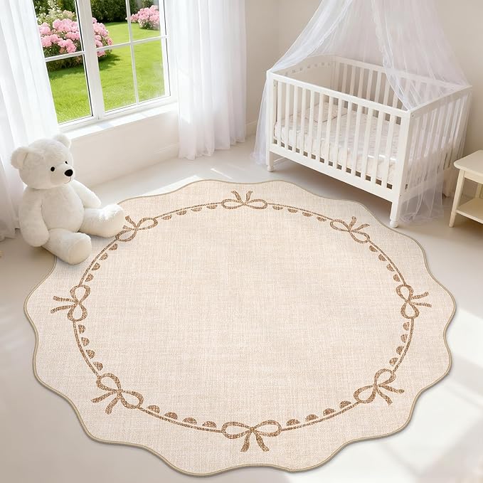 GarveeHome Scalloped Bow Rug for Living Room, 4ft Round Rugs Washable Solid Beige Rug for Dorm Soft Low Pile Non Slip Scalloped Rugs for Nursery Bedroom Decor Kids Room Playroom