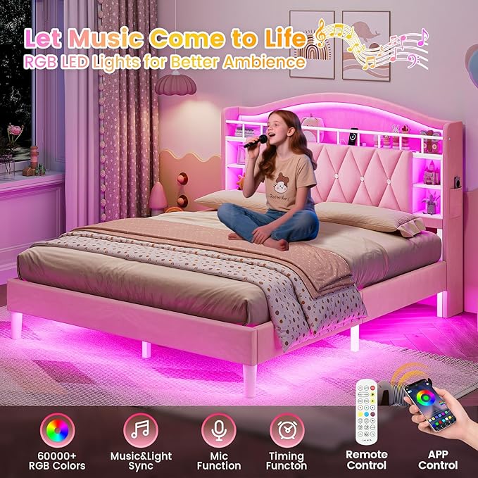 ADORNEVE Full Bed Frame with LED Lights, Princess Velvet Upholstered Platform Bed for Girls, Headboard with Charging Station & Guardrail & Crystal Button, No Box Spring Needed,Pink