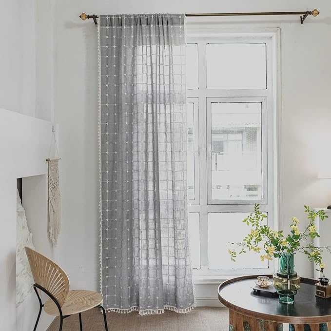Deeprove Boho Curtains 96 Inches Long for Bedroom Kitchen, Cotton Linen Gray Plaids Embroidered Semi Blackout Bohemian Farmhouse Window Treatment Grids Drape Tassels, 1 Panel W52 x L96 Grey