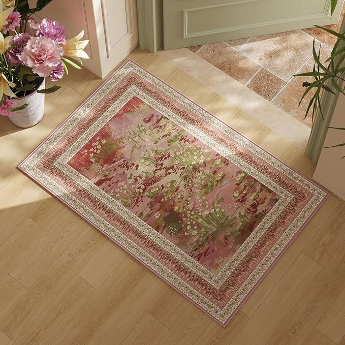 Rugcomf 2x3 Rug Impressionist-Style Vintage Indoor Door Mat Machine Washable Small Area Rug Non-Slip Low Pile Throw Rugs for Entryway Kitchen Front Door Indoor Entrance Entry Kids Room, Pink