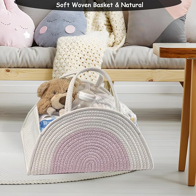 COMFY-HOMI Diaper Caddy Organizer with Gift Bags and Ribbons - Sturdy Cotton Rope Basket for Baby Girl & Boy Newborn Essentials, Large Gift Bag, Nursery Storage Caddy with Handles (white Pink)