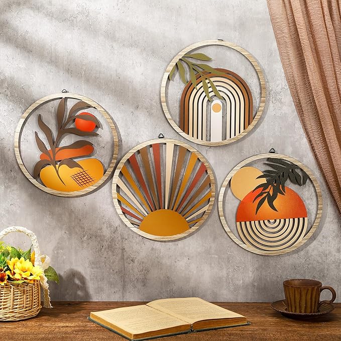 Qunclay 4 Pieces Boho Wall Art Wooden Round Wall Decor Hollow-out Hanging Art Nursery Decor Farmhouse Geometric Hanging 10 Inch Aesthetic Wood Minimalist for Apartment Bedroom Bathroom Gift(Stylish)