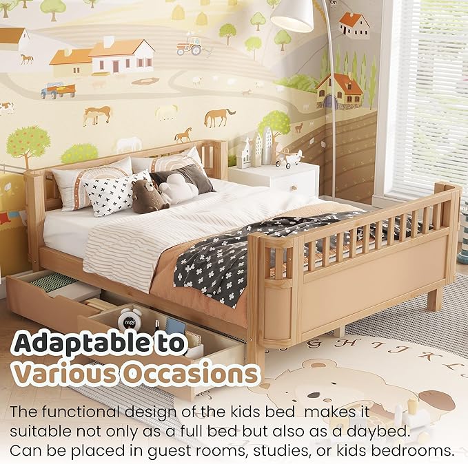 Full Size Kids Bed Frame with Rails, Wood Montessori Bed Full with 2 Storage Drawers &Slats Support, Modern Daybed with Removable Bed Rails for Girls Boys Bedroom Living Room, Natural