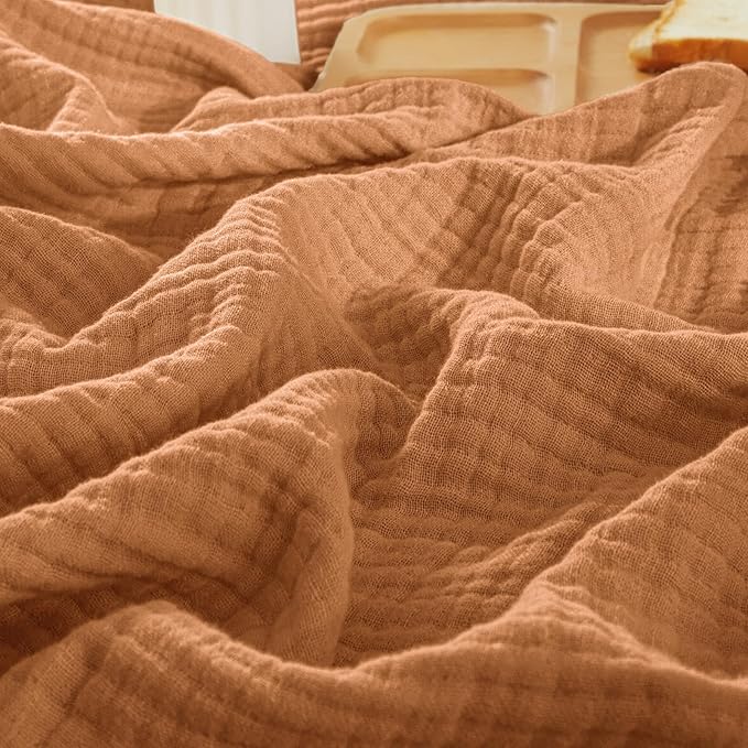 PHF 100% Cotton Muslin Blanket King Size 108"x90", 4-Layer Lightweight Gauze Throw, Breathable Cloud-Soft Minimalist Blanket for Bed, Couch, Camping & Baby, Caramel, Ideal Gift