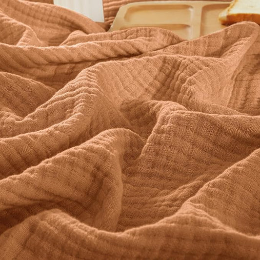 PHF 100% Cotton Muslin Blanket King Size 108"x90", 4-Layer Lightweight Gauze Throw, Breathable Cloud-Soft Minimalist Blanket for Bed, Couch, Camping & Baby, Caramel, Ideal Gift
