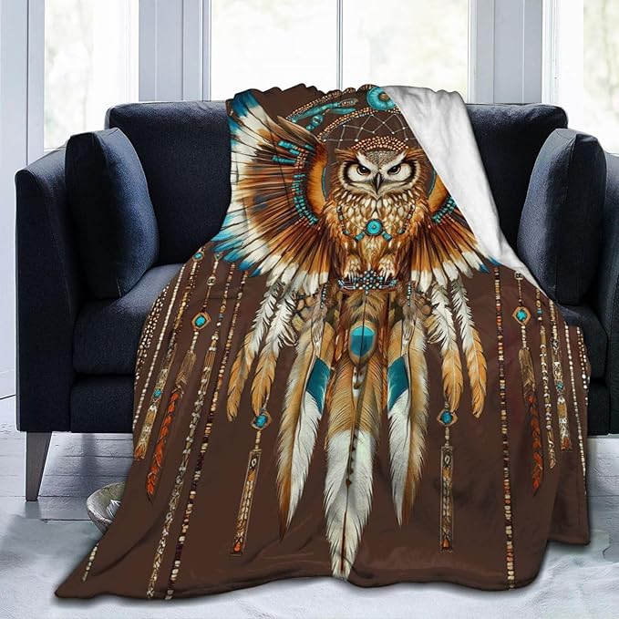 Owl Blanket Native American Decor Throw Blanket Super Soft Flannel Lightweight Fluffy Plush Fuzzy Fleece Indian Blanket Gifts for Girl Woman Adults Man Boys Kids Baby for Bed Sofa 60"X80"