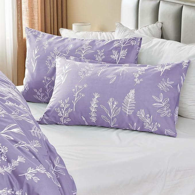 MUXHOMO Duvet Cover Full Size, Reversible Floral Lavender Duvet Cover Set with Zipper Closure, 3 Pieces Botanical Patterns Soft Microfiber Bedding Set with 4 Ties (80"x90", 2 Pillow Cases)