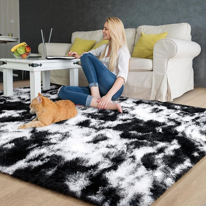 EVOIONOS Area Rug for Bedroom Living Room, Machine Washable 3x5 Fluffy Shag Rug, Soft Plush Non Slip Carpet for Indoor Floor Bedside Nursery Kids Room, Home Decor Aesthetic, Tie-Dyed Black and White