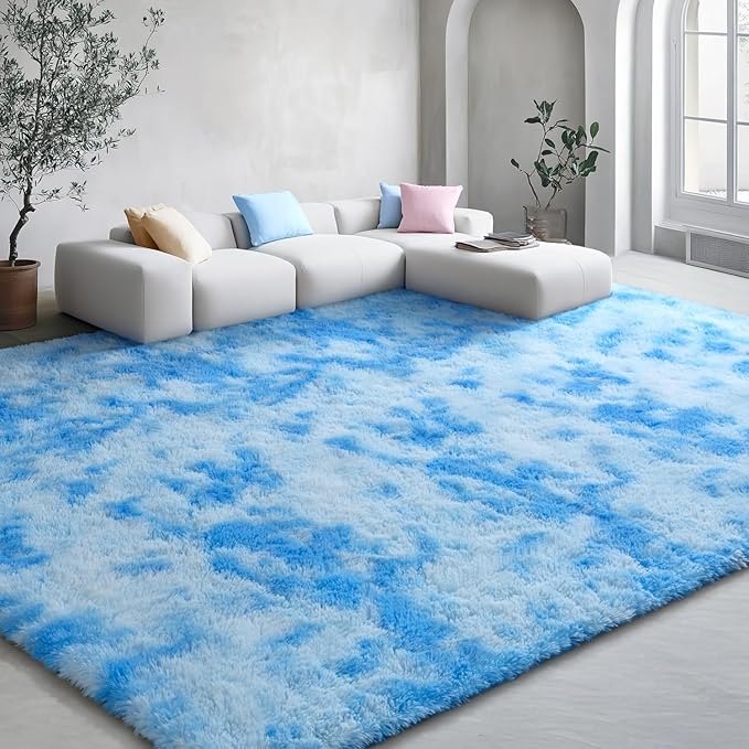 EVOIONOS 5x7 Washable Large Area Rug Living Room, Fluffy Shag Rug Bedroom, Ultra Soft Plush Non Slip Carpet Indoor Floor Bedside Nursery Kids Girls Room Dorm, Home Decor Aesthetic, Tie-Dyed Blue