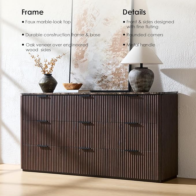 Fluted 9 Drawer Dresser for Bedroom, 63" Wide Modern Chest of Drawers with Faux Marble Top, Curved Corners Design, Wooden Dresser TV Stand with Organizer Storage for Living Room (Dark Oak, 63" W)