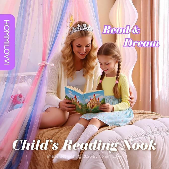 Rainbow Bed Canopy for Girls with Stars Lights, Princess Canopy Bed Curtains for Twin, Full, Queen Size Bed Hanging Canopy for Girls Room Decor, Kids Sheer Canopy Curtain
