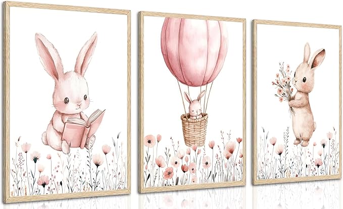3Pcs Pink Nursery Bunny Wall art Hot Air Balloon Cute Rabbit Wildflowers Painting Pictures Wall Decor Easter Nursery Poster Print Artwork for Girls and Boys Kids Room Baby Room Decor Home Decoration