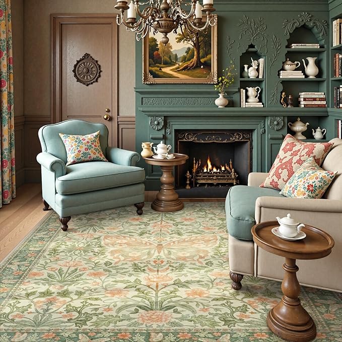 Collive 8x10 Butterfly Rugs for Living Room, Vintage Insect Girls Bedroom Area Rug Washable, Boho Floral Non Slip Large Floor Carpet for Dining Room Kids Room, Grass Green