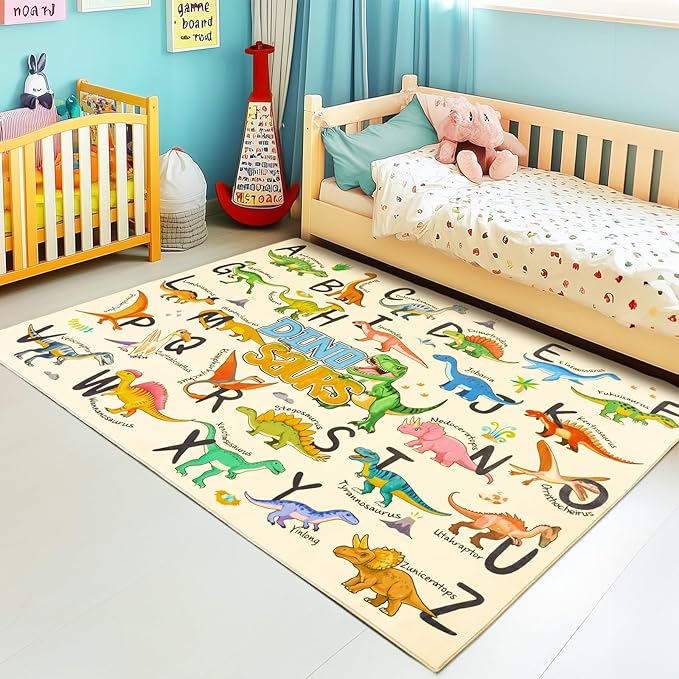 Kids Rugs for Playroom, 3x4 Feet Educational Rug for Learn The ABC Alphabet, Soft Machine Washable Non-Slip Cute Dinosaur Carpet for Classroom Toddler Nursery Kids Room Decor Mat, Beige