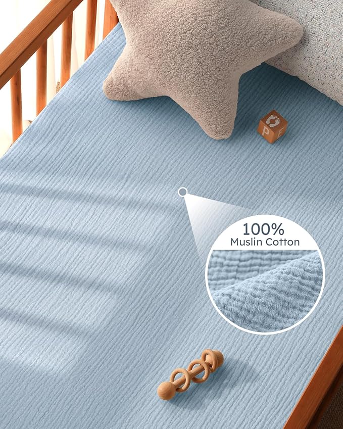 Muslin Crib Sheets for Boys Girls, 100% Cotton Fitted Crib Sheet 2 Pack for Standard Crib and Toddler Mattress, Breathable Soft Baby Sheet 28x52x8in Gradient Blue
