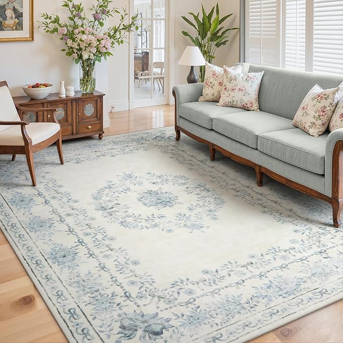Wonnitar Bow Print Area Rug for Living Room, Ultra-Thin Blue 8x10 Washable Rug, Non Slip Soft Boho Floral Aesthetic Indoor Decor Carpet for Boys Playroom Dining Room Office