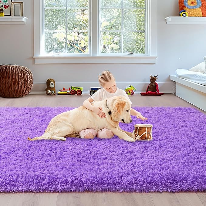 Fluffy Shag Rugs for Bedroom Girls, Soft 4x6 Purple Shaggy Carpet Rug for Kids Room Nursery Dorm, Non Slip Fuzzy Plush Indoor Floor Throw Rug for Living Room Home Decor Aesthetic