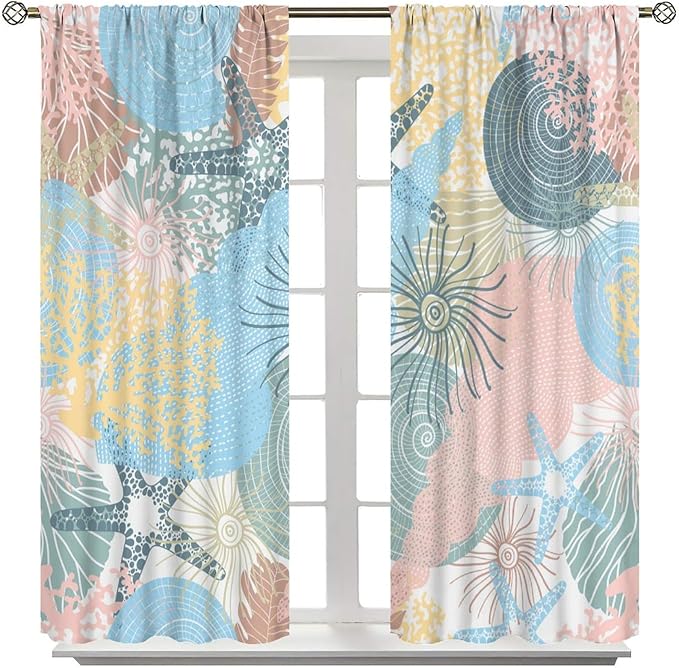 Nautical Blackout Curtain Beach Theme Starfish Seashell Nautical Rustic Ocean Sea Vintage Retro Coastal Summer Bedroom Set 2 Panels,63x72 Inches