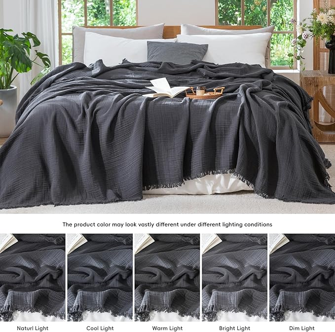 MooMee Muslin Blanket - 100% Cotton 4-Layer Gauze Throw Blanket with All-Around Fringe, Ultra-Soft Breathable Lightweight Cooling Decorative for Bed, Sofa & Couch (Dark Grey,Throw XL 50" x 70")
