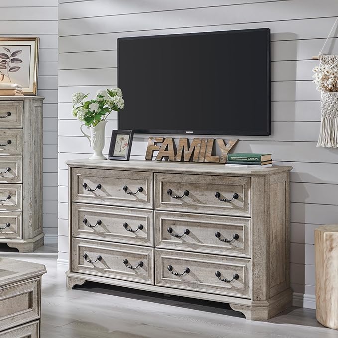 T4TREAM Farmhouse 6 Drawers Dresser for Bedroom, 54" Wide Wood Rustic Chest of Drawers with Natural Texture, Vintage Design, Storage Dressers Organizer for Bedroom, Living Room Light Rustic Oak