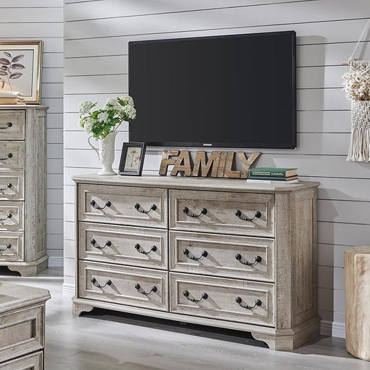 T4TREAM Farmhouse 6 Drawers Dresser for Bedroom, 54" Wide Wood Rustic Chest of Drawers with Natural Texture, Vintage Design, Storage Dressers Organizer for Bedroom, Living Room Light Rustic Oak