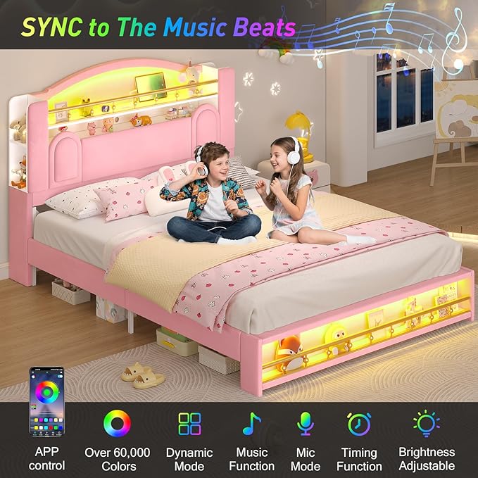 Queen Bed Frame with Storage Headboard, Platform Bed Frame Queen Size with Charging Station&LED Lights,Velvet Princess Bed for Girls/Kids, No Box Spring Needed/Noise-Free/Easy Assembly,Pink