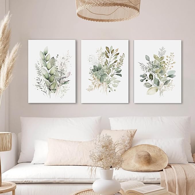 WRFON Watercolor Botanical Wall Art Set of 3 Boho Sage Green Wildflower Canvas Wall Art Prints Modern Floral Wall Decor for Bedroom Living Room Bathroom Decorations Framed 12x16 Inches