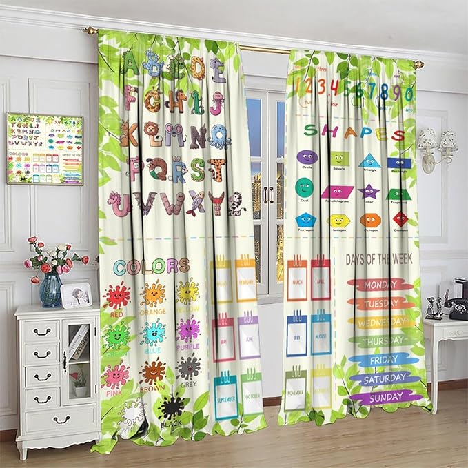 Kids Alphabet Curtain Cartoon Animal Nursery Rustic Leaves Plant Funny School Education Learning Tools Printed Rod Pocket Blackout Window Drapes for Bedroom Living Room 42" W X 63" L