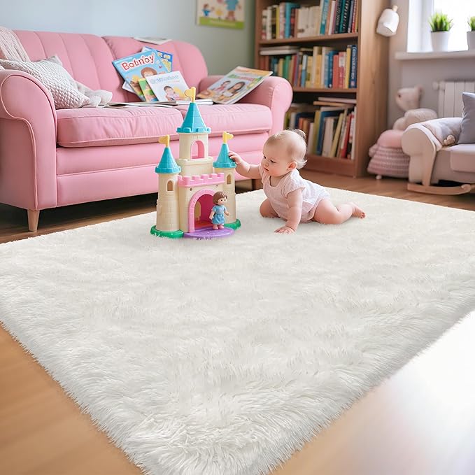 Soft Fluffy White Rug for Bedroom Living Room, 4x6 Furry Cream Area Rug Soft Fuzzy Shag Carpet for Boys Girls Room Dorm Dresser Bedside, Plush Thick Throw Kids Shaggy Rug Non-Slip for Nursery